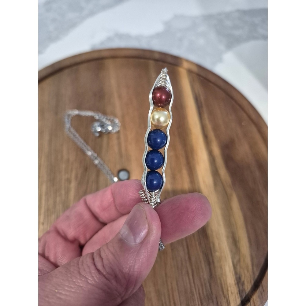 Handmade Wire Wrapped Pea Pod Necklace Silver Tone Five Bead Pendant Blue Red